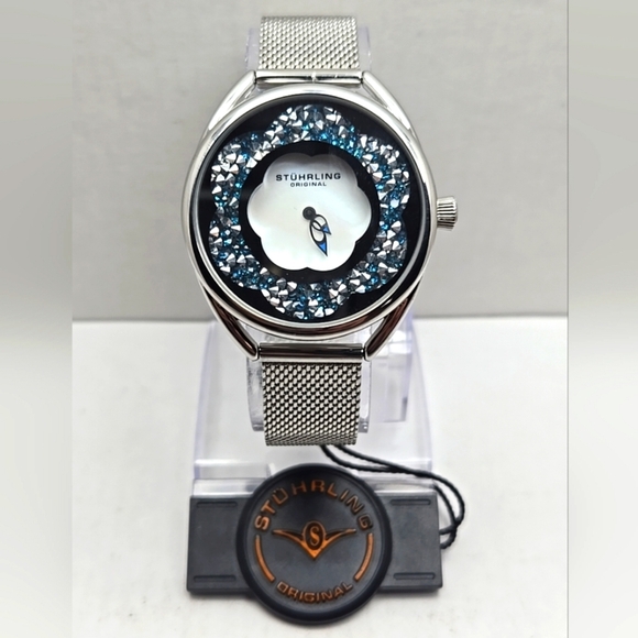 Stuhrling Lily 995M 38mm Flower Watch Silver Mother of Pearl Mesh New Battery - Picture 1 of 9